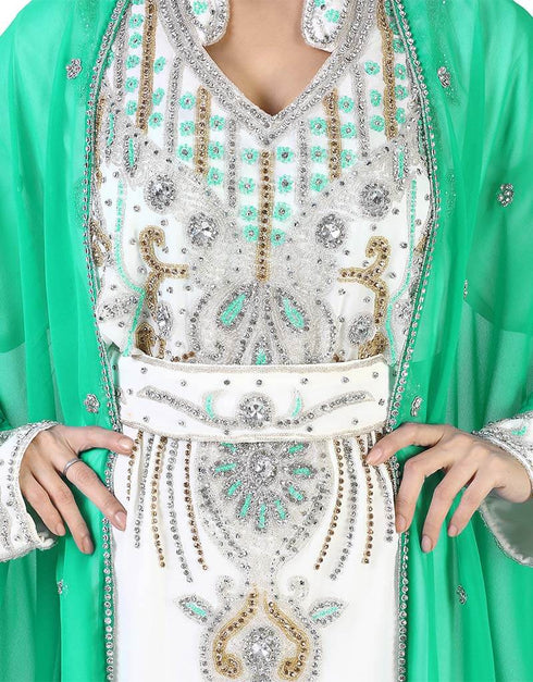 Chic Mint Green Colored Embroidery worked Kaftan